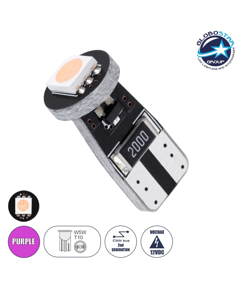 GloboStar® T10 W5W 11151 Λάμπα Αυτοκίνητου LED  2rd Generation Can-Bus Series 1xSMD5050 1.5W 120lm 120° DC 12-16V IP20 Φ1 x H2.2cm Ροζ